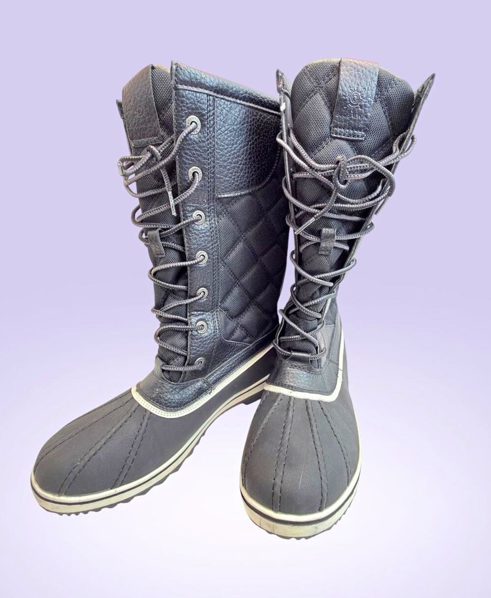 Global Win Women’s Black Quilted Lace-Up Knee High Snow Boots Faux Fur US 9
